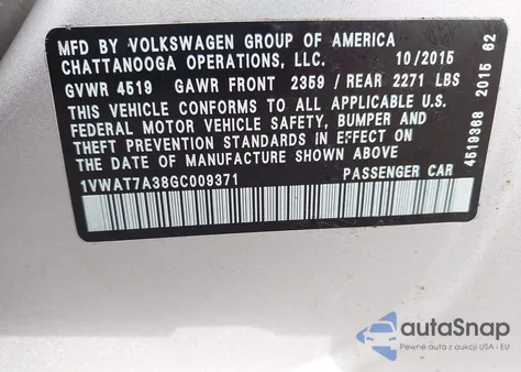 2016 Volkswagen Passat 1.8T S из США, поврежденный, VIN 1VWAT7A38GC009371